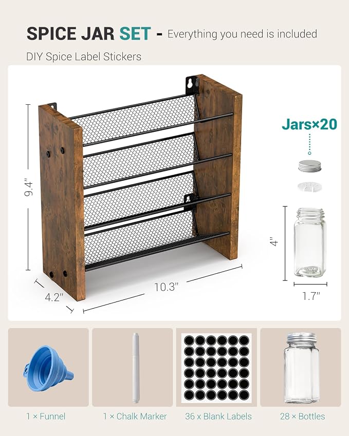 NESAPTO Spice Rack Organizer with 20 Glass Spice Jars, Wood 4-Tier Seasoning Organizer with Labels for Cabinet, Pantry, Countertop or Wall Mount, Chalk Marker and Funnel Set, 10.3" W × 9.4" H