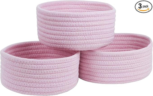 Small Woven Cotton Rope Baskets, Set of 3, Pink | Mini Round Baskets, Gift and Storage Baskets, Nursery Organizer, Bathroom Countertop Bins, Decorative Boho Decor