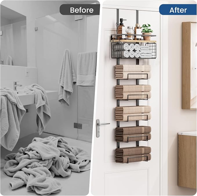 Aetyord Towel Racks for Bathroom Over The Door Towel Racks Towel Storage Organizer with Metal Shelf Basket for Bathroom Rv Camper (7-Tier Black with Wood Plank)