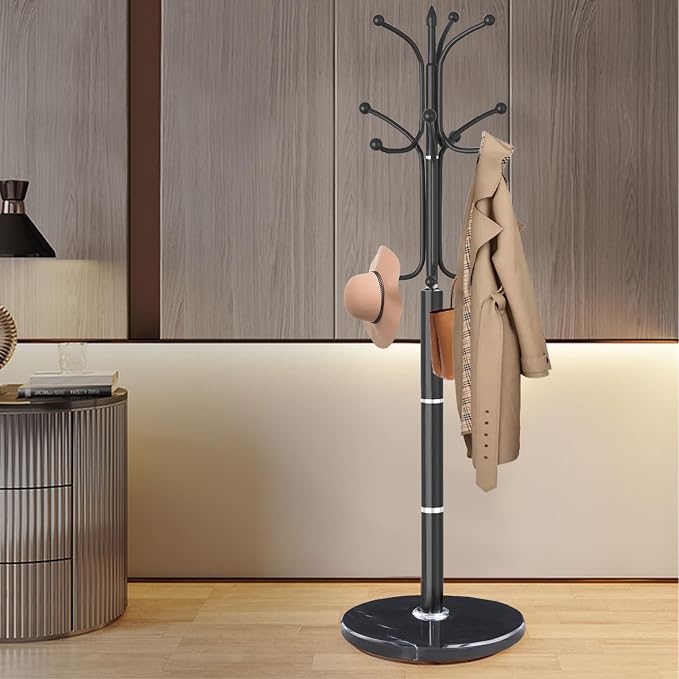 Coat Rack Stand,Black Metal Coat Rack Freestanding with 12 Hooks | Modern Coat Rack with Natural Marble Base,Heavy Duty Coat Hanger Stand, Coat Hall Clothes Tree Stand for Office,Bebroom