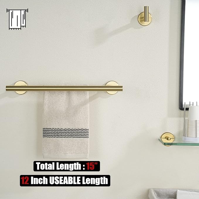 JQK Double Towel Bar Gold, 15 Inch 304 Stainless Steel Thicken 0.8mm Towel Rack Holder for Bathroom Washcloths and Hand Towels, Brushed Gold Wall Mount, Useable Length 12 Inch, TB100L12-BG