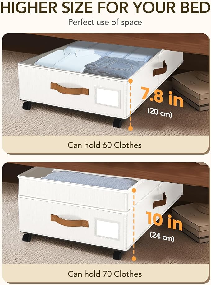 Under Bed Storage with Wheels, 10 inches Under Bed Storage Containers, 65L XXL Large Adjustable Underbed with Lids, Rolling Underbed Storage bins for Shoes, Clothes, Blankets, White