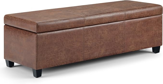SIMPLIHOME Avalon Storage Ottoman Bench - 48" Wide x 16" High Upholstered Vegan Leather Rectangular Lift-Top Ottoman in Distressed Umber Brown, Contemporary Storage Bench with High-Density Foam