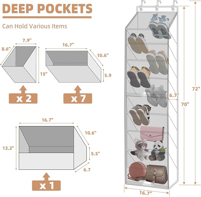 STORAGE MANIAC Over the Door Shoe Organizer with Curtain Dustproof Heavy-Duty Large Deep Pocket Hanging Shoe Organizer for Closet Dorm & Narrow Door Storage Shoe Holder Shoe Rack, 9-Shelf Black 1 Pack