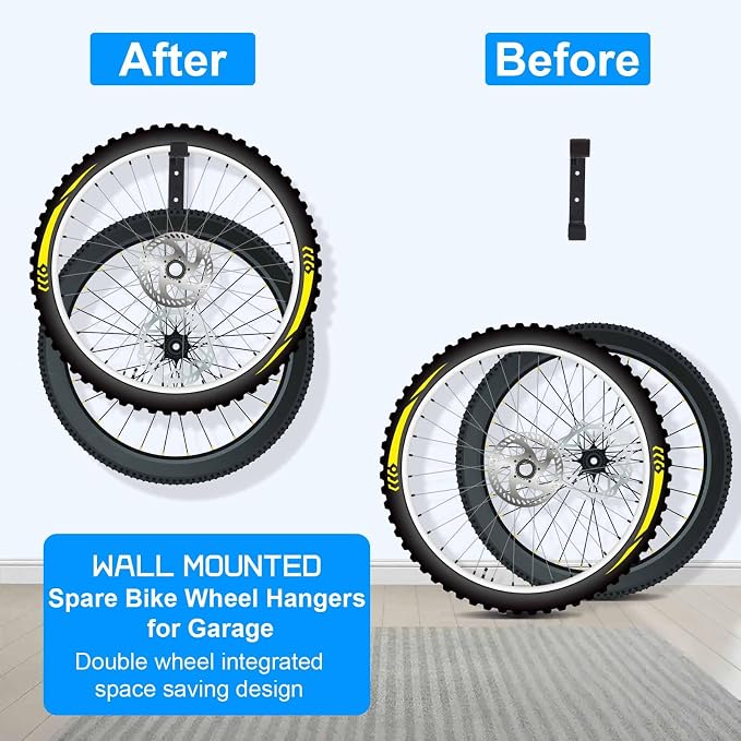 2 Pack Bike Wheel Rack Garage Wall Mount Carbon Steel Storage Hooks Heavy | Spare bike wheel hangers garage wall mount, indoor vertical holder, double wheel tire rack, carbon steel easy to install