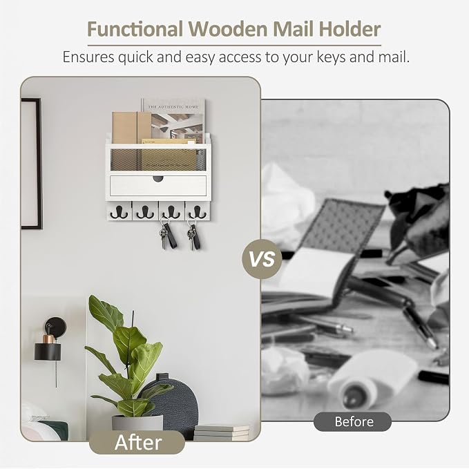Nekon Mail Organizer with Drawer for Wall, 12"W x 10"H x 3.1"D Mail Sorter Wall Mounted, Wooden Key Holder Wall File Organizer Letter Sorter for Letter Magazines (White)