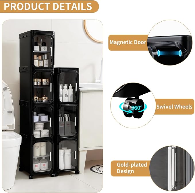 3-Tier Narrow Slim Bathroom Storage Cabinet with Wheels, Black | Tool Free Assembly, Adjustable Shelves, Fits for Narrow Spaces, Reinforced Stability, Magnetic Clear Door