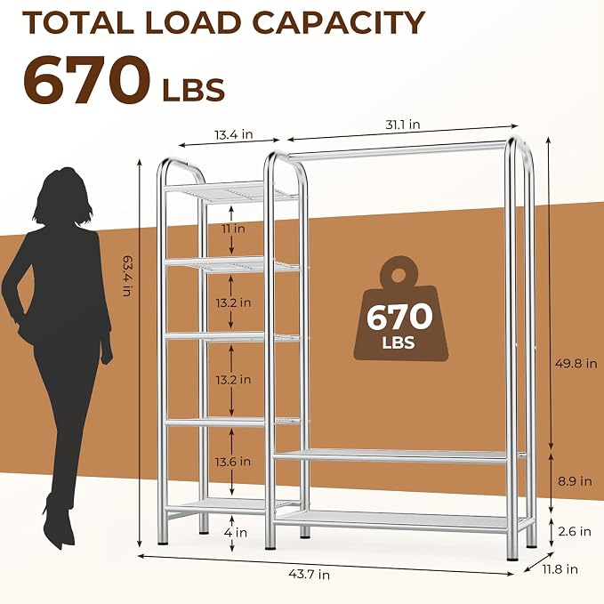 Heavy Duty Clothes Rack with 5 Tiers Shelves, Max Load 670LBS, Portable Freestanding Multi-Functional Metal Clothing Rack with Hanging Rods Organizer System for Bedroom Closet Wardrobe, Chrome