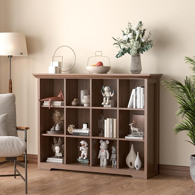 OSCHF 12-Cube Open Bookcase with Base, 3-Tier Wooden Bookshelf, Walnut | Curved Base, Crown Molding, Fits 11×11" Bins, Modern Storage Cabinet for Living Room, Bedroom, Home Office