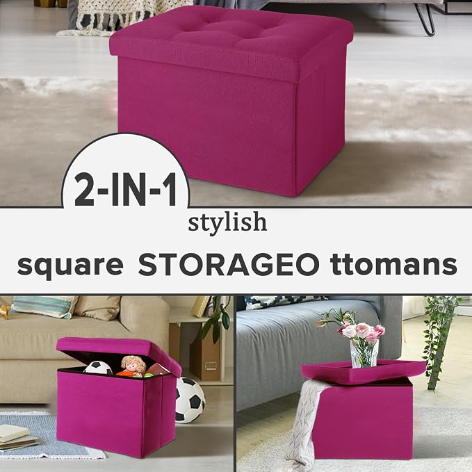 LINMAGCO Small Storage Ottoman Stool Foot Rest Stool Under Desk Stool Short Folding Ottoman Linen Cloth ROSEO 17X13X13IN
