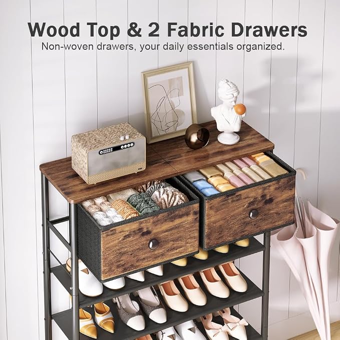 INGIORDAR 5 Tier Shoe Rack Storage Organizer with 2 Drawers MDF Board | Metal space-saving Shoe Shelf stores 16 Pairs of Shoes for Closet Entryway Bedroom Living Room Garage Black+Rustic Brown