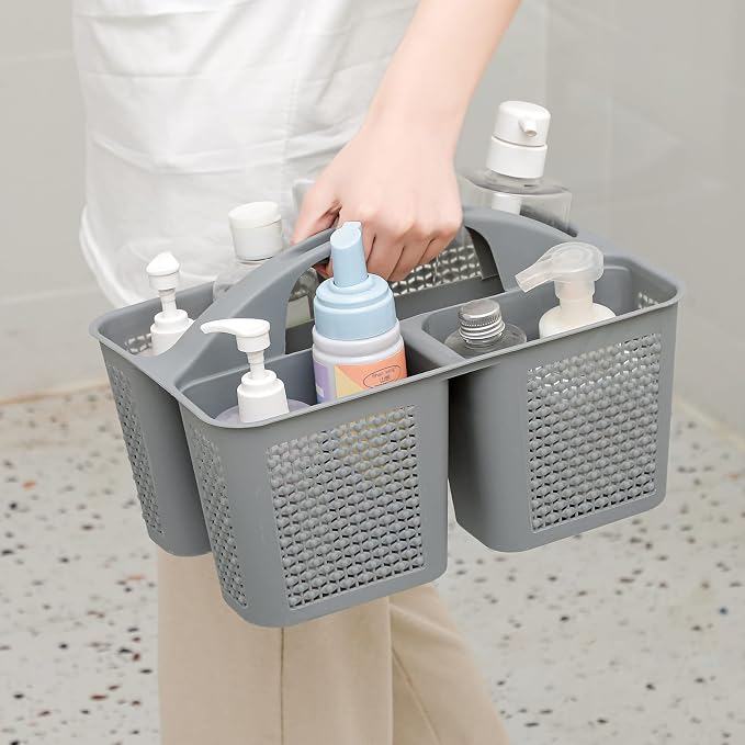 Plastic Portable Shower Caddy Basket with Handle, 3 Compartments, Grey | Storage Organizer with Drain Holes, Sturdy and Durable For Bathroom, Kitchen, College Dorm, Sink, Camping