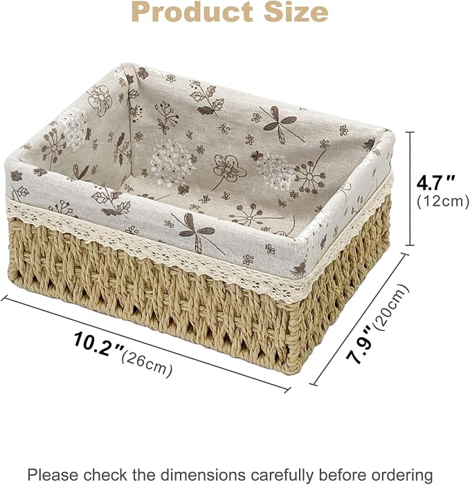 Wicker Storage Baskets, Handwoven Paper Rope Organizer Bins with Removable Floral Liner, Large for Bathroom, Pantry, Shelf, Countertop, Closet (Beige, L)