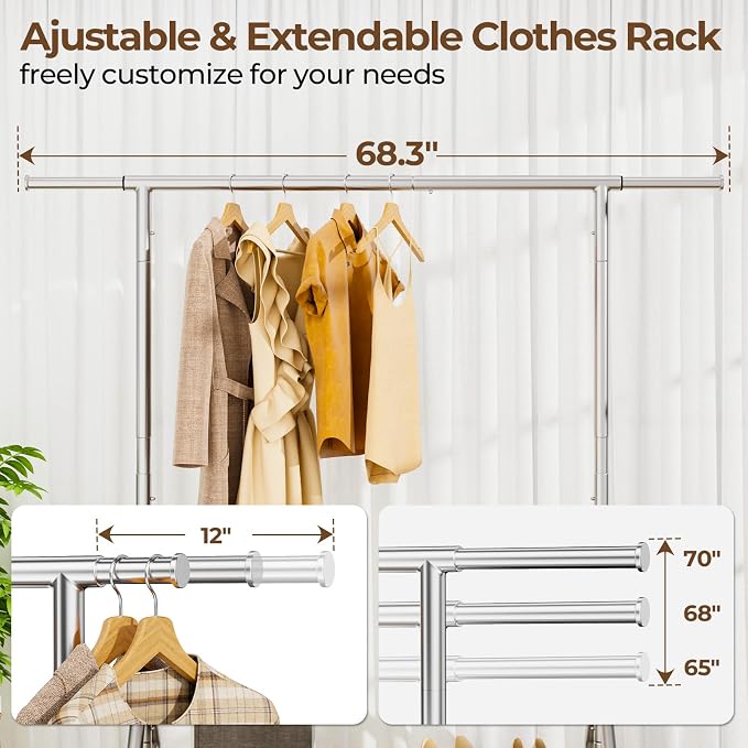 HYSEYY Heavy Duty Clothes Rack Load 450 LBS, Metal Garment Rack, Standing Rolling Clothing Rack for Hanging Clothes with Sturdy Wheels & Shelves, Portable Closet Wardrobe Rack,Sliver