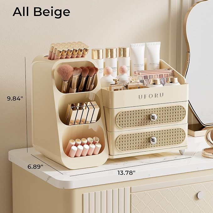 UFORU Makeup Organizer Countertop with Brush Holder for Vanity Bathroom | Large Capacity, Thickened Plastic, 2 Rattan Drawers, Compact Size, Detachable Brush Holder, Divided Compartments, Easy Access