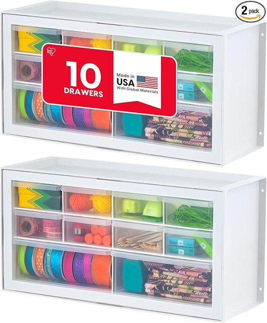IRIS USA 10-Drawer Organizer, 2 Pack, Makeup Tool Craft Storage, White | Wall mountable, Stackable Teacher Toolbox, Beads, Building Bricks, Water Packets, Screws, Hardware