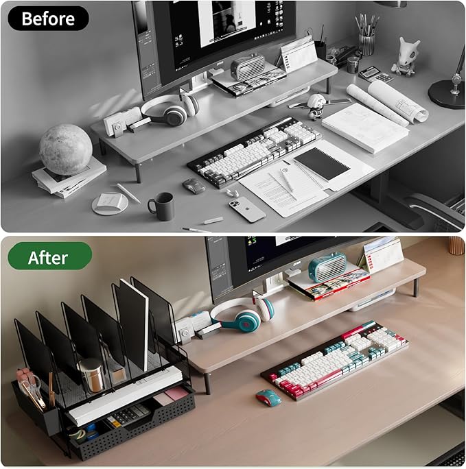LEKETREE Desk Organizer, Office Organization with Vertical File Holder, File Organizer with Drawer and Pen Holder, Desk Accessories and Workspace Organizers for Home Office (Black)