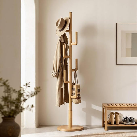 Coat Rack,Solid Wood Cactus Freestanding Coat RackWith 6 L-Shaped Hooks and 3 Adjustable Sizes,Coat Tree for Bedroom, Entryway, Livingroom, Coat Hanger Stand for Coats, Handbags (Natural)
