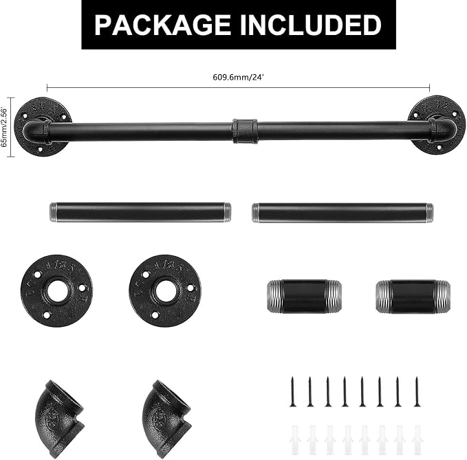 Livabber Industrial Pipe Towel Bar, Rustic Iron Decor Bathroom Hardware Towel Holder Accessory, Heavy Duty Wall Mounted Bath Towel Rack, Black (24 Inch)