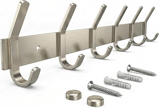 Coat Rack Wall Mount – Brushed Nickel 17 Inch Stainless Steel Hook Rail with 6 Heavy Duty Double Coat Hooks – Wall Mounted Coat Hanger for Entryway, Bathroom, Bedroom, Towel, Hat Organizer