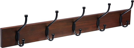 Amazon Basics Rectangular Farmhouse Wall-Mounted Coat Rack for Entryway and Bedroom, Storage Organizer, 5 Double Hooks, Light Walnut | Farmhouse