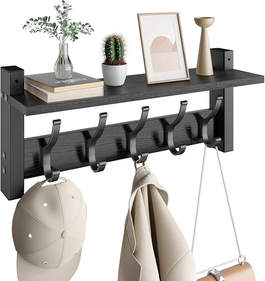 Optish Coat Rack Wall Mount with Shelf, 17.1 Inch Coat Hanger Walls Mounted, Hat Rack for Walls, Shelf with 5 Coat Hooks, Wall Hanger for Entryway (Black)