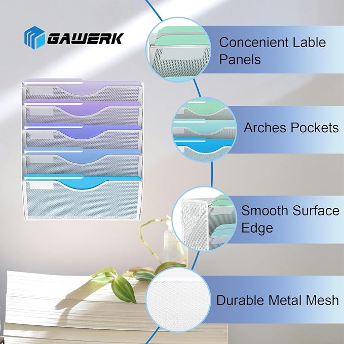 Gawerk 5 Tier Hanging Wall File Organizer, Mesh Mail Paper Orgnization Hanging File Folder Holder for Home Office, White