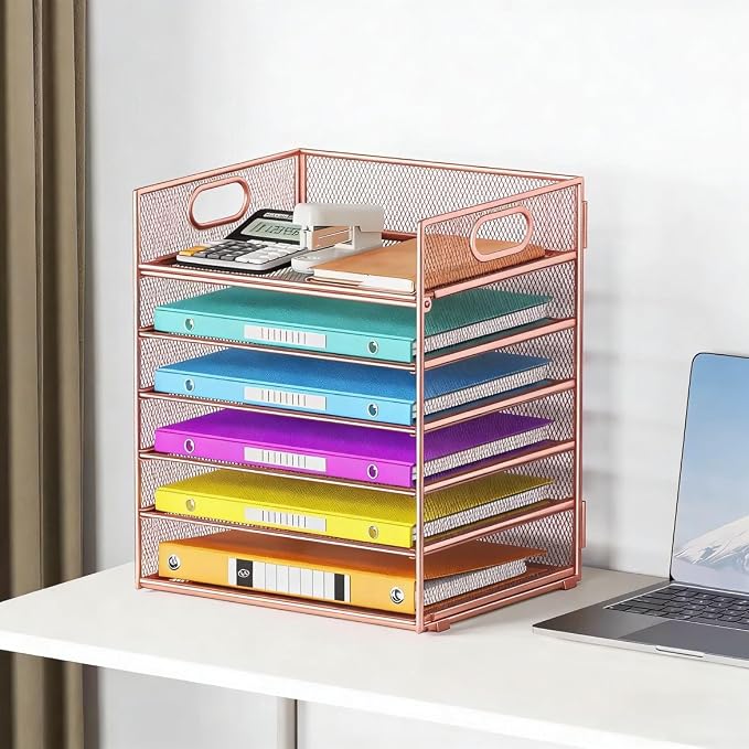 6 Tiers Letter Tray Paper Organizer with Handle, Mesh Desk File Organizer, Metal Desktop Document Shelf Organization, Paper Sorter Organizer for Office, Home or School File Folder Holder (Rose Gold)