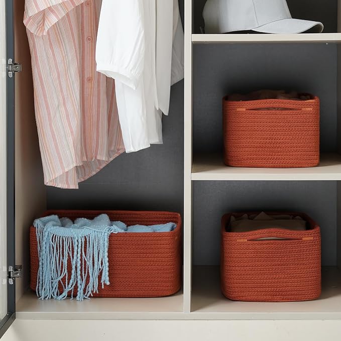 3-Pack Storage Baskets for Organizing | Woven Shelf Toy Basket | Rope Baskets for Gifts Empty | Closet Organizer Bins with Handles | Cube Decorative Box | 13.7×7.1×6.7” | Brick Red