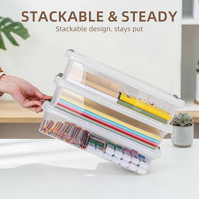 Citylife 10 PCS Plastic Storage Bins with Latching Lids Portable Project Case Clear File Box Stackable Storage Containers for Organizing A4 Paper, Photo, Document, Scrapbook