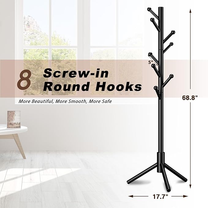 8-Hook Freestanding Coat Rack 3 Heights Safe Round Tips Black | Smooth Round Tips Prevent Slipping,Tool-Free Assembly,Holds Clothes Hats Handbags,Ideal for Entryway Bedroom Hallway Office
