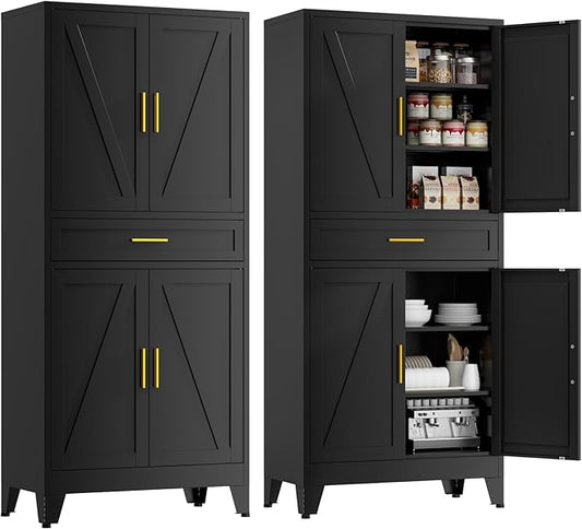 71" Tall Farmhouse Pantry Cabinet,Metal Cabinet with Doors and Shelves,Storage Cabinet for Kitchen Garage,Black 1 Pack