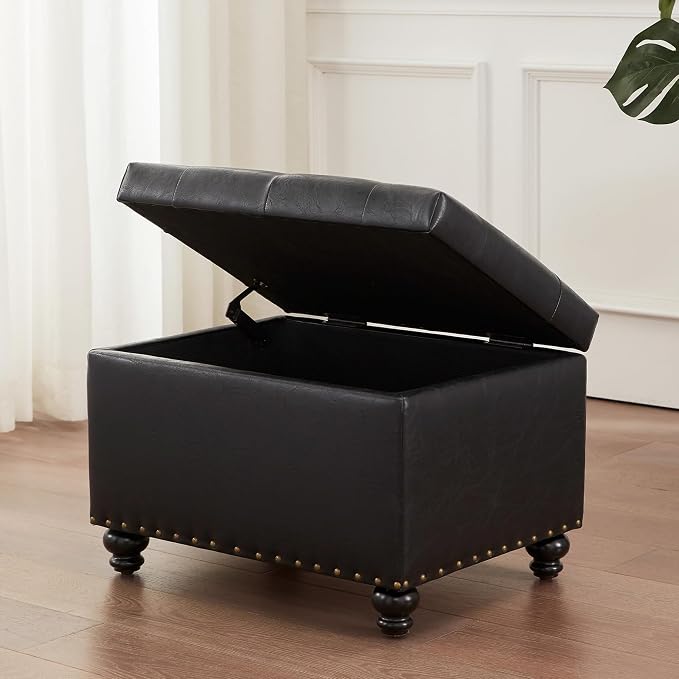 Zihanhome Leather Ottoman with Storage, Upholstered Button Tufted Ottoman Foot Rest, Foot Stools, 24" Rectangle Ottomans with Storage for Living Room, Bedroom, Dorms and Apartments (Black-PU)