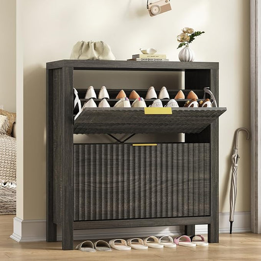 Fluted Shoe Cabinet Storage with 2 Flip Drawers for Entryway, Hallway | Narrow Shoe Rack Freestanding Shoe Organizer with Legs for Entryway，Hallway, Dark Gray