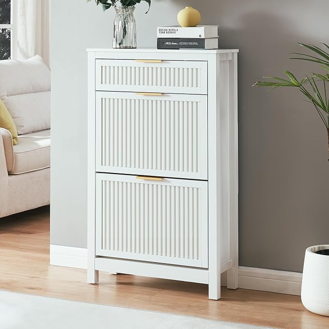 2 Flip Drawers Shoe Cabinet Storage for Entryway, Narrow Shoes Organizer Cabinet for Front Door Entrance, Free Standing Hidden Wooden Hallway Shoe Rack(White)