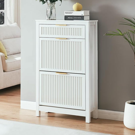 2 Flip Drawers Shoe Cabinet Storage for Entryway, Narrow Shoes Organizer Cabinet for Front Door Entrance, Free Standing Hidden Wooden Hallway Shoe Rack(White)