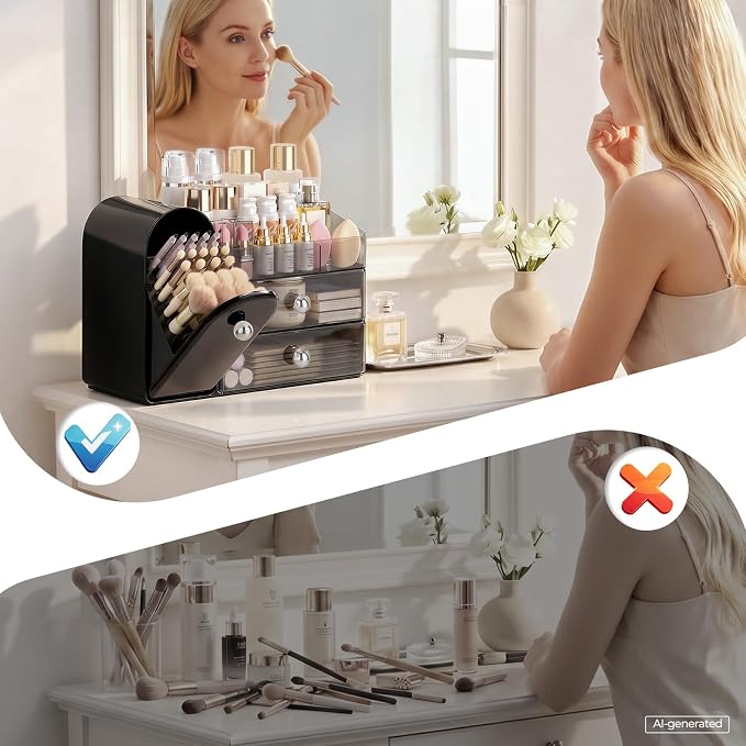 Delamu Makeup Organizer for Vanity with Closed Brush Holder, Large Bathroom Counter Organizer with Drawers, Skincare Organizers for Countertop, Storage Perfume Cosmetic Lipstick Beauty (Black)