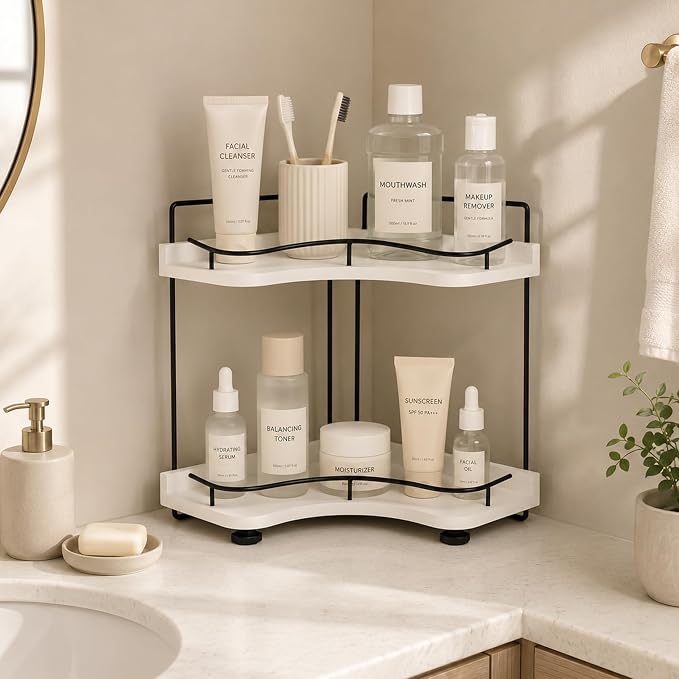 2-Tier Bathroom Counter Organizer, Solid Wood Corner Shelf for Vanity Countertop, Skincare & Makeup Storage Organizer with Metal Frame, Kitchen Counter Storage, White