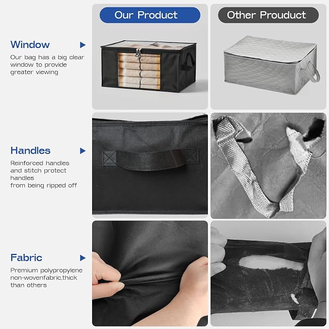 Clothes Storage Bags, Foldable Thick Fabric Blanket Storage Bags, Large Clear Window & Carry Handles, Great for Clothes, Blankets, Closets, Pillows (Black, 6PACK)