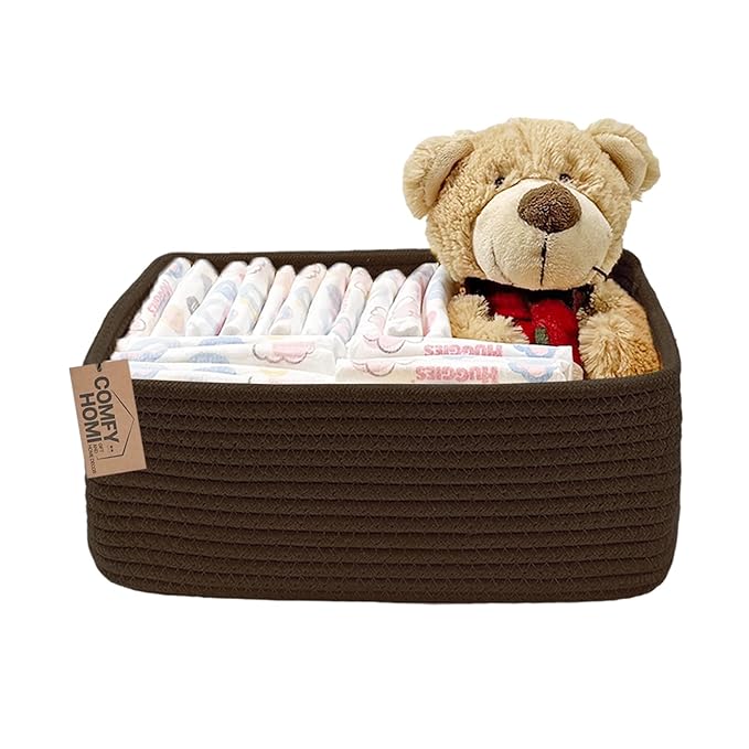 COMFY-HOMI 13" x 8.5" x 5.1" Storage Baskets for Organizing | Cotton Rope Woven Basket | Toy Storage Bin Box | Basket for Shelves, Closet Organizer Bin, Decorative Closet Shelf, 1 Pack