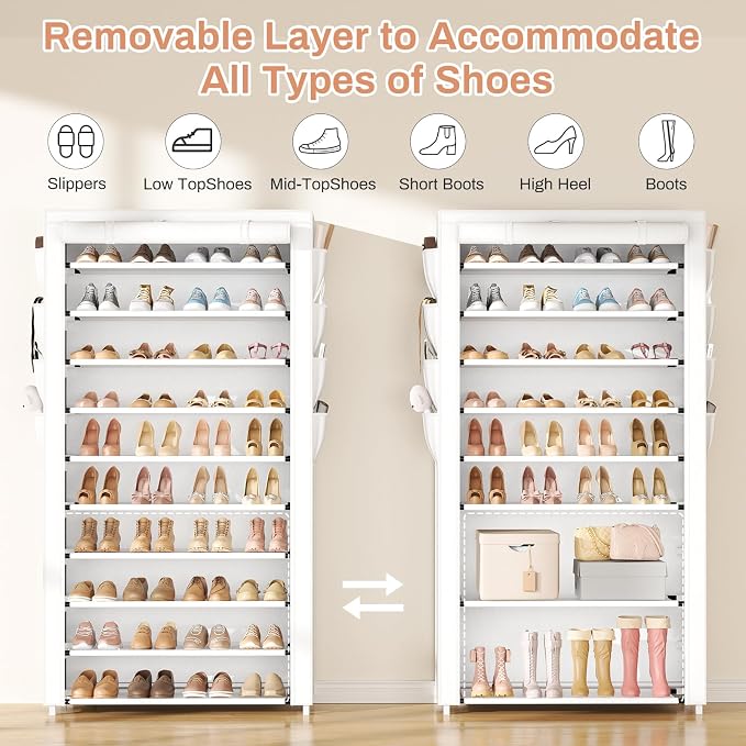 VTRIN Tall Shoe Rack with Cover, 10 Tier Shoe Organizer Storage for 50-55 Pairs Shoes and Boots Large Capacity Shoe Shelf with 8 Pockets Free Standing Shoe Rack for Closet, Entryway, Garage, White