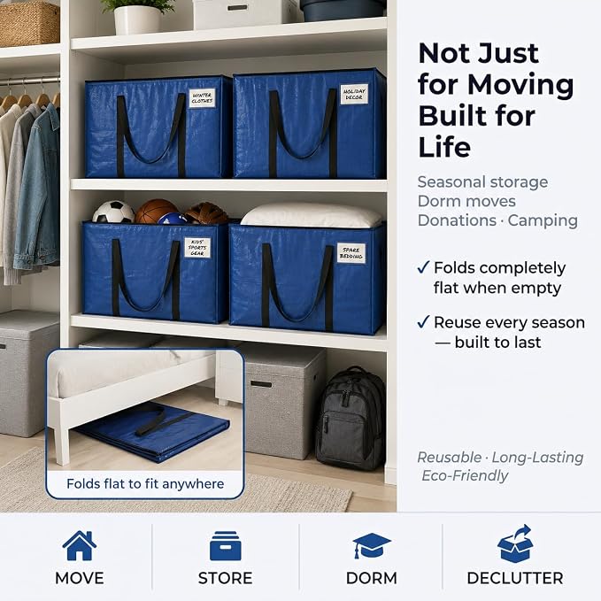 ClearSpace Heavy Duty Moving Bags or Storage Bag – Large Moving Boxes with Backpack Straps, Zippers & Handles – Perfect for Moving, College Dorm, Traveling, Camping, Christmas Decorations, 8 Pack