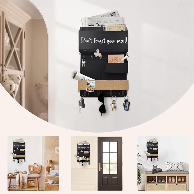 Mail Organizer Wall Mount，Key Holder Mail and Key Organizer for Wall with Shelf, Chalkboard, Corkboard, Home Decor for Room Office Entryway(Midnight Black)