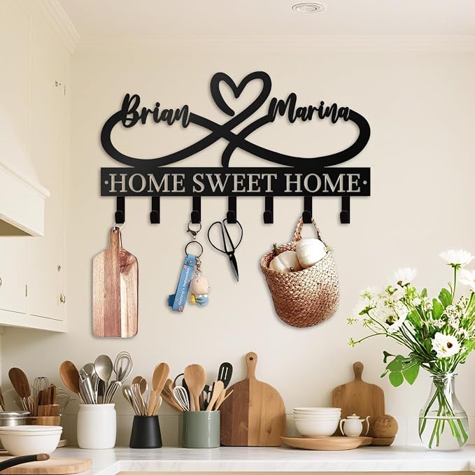 Personalized Couple Key Holder for Wall, Custom Heart Name Hooks | Heart infinity metal key rack for bedroom decor, rust-resistant finish, ideal wedding, anniversary and new home gift