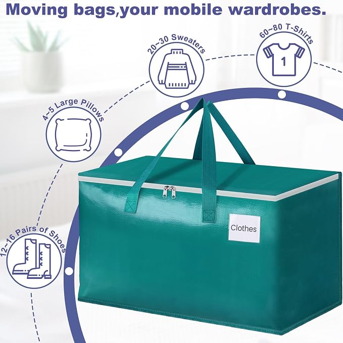 StorageRight Moving Bags-Heavy Duty Moving Boxes, Storage Totes with Zipper, Reinforced Handles and Tag Pocket-Collapsible Moving Supplies for moving, Storage and Travel 93L(Green-10 Pack)