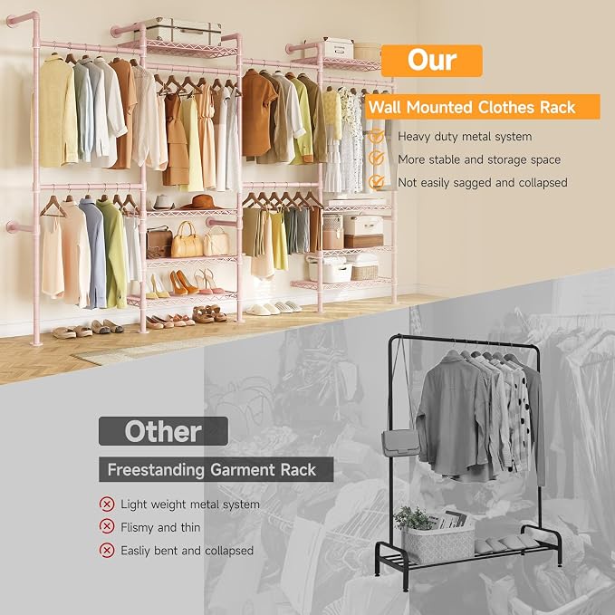 ONBRILL H4 Wall Mounted Closet System, Expandable Industrial Pipe Clothes Rack Clothing Rack for Hanging Clothes, Heavy Duty Closet Organizers and Storage in Wardrobe Closet