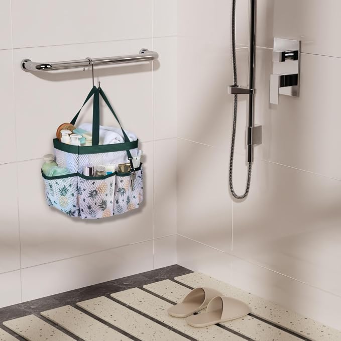 F-color Shower Caddy Portable - Mesh Shower Bag Basket Tote for College Dorm Room Essentials Bathroom Gym Camp Quick Dry for Women Men with S Hook, Green Pineapple | 2-Handle, Quick-Dry, Toiletry Organizer, College Dorm Room Essentials for Girls, Gym, ...