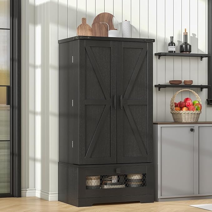 kepptory Farmhouse Pantry Cabinet with Barn Door & Adjustable Shelves, Freestanding Kitchen Storage Cabinet for Dining Room, Bathroom, Hallway (Black)