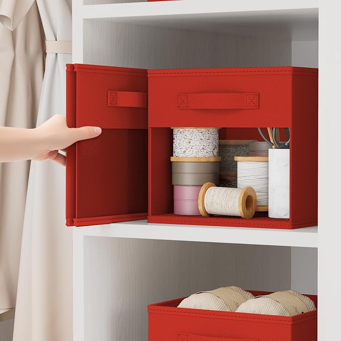 DIMJ Storage Cubes, Cube Storage Bin, 6 Pack Foldable Baskets with Window, Closet Storage Bins with Handle, 11x 11 inch Storage Cubes for Clothes, Toys, Books (Red)