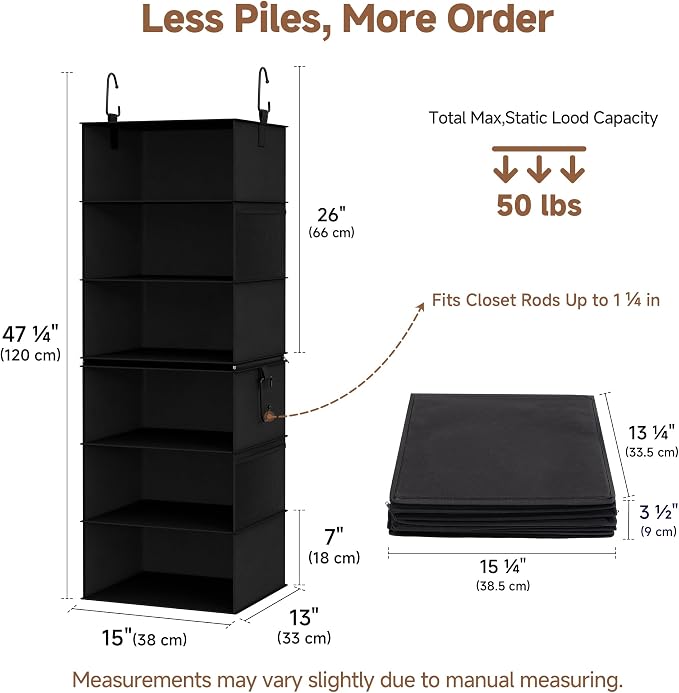 StorageWorks Hanging Closet Organizer 6-Shelf, Jumbo Separable Two 3 Shelf Closet Storage Organizer with Side Pockets, Portable Hanging Shelves for Wardrobe, RVs, 13 "D x 15 "W x 47 ¼"H, Black